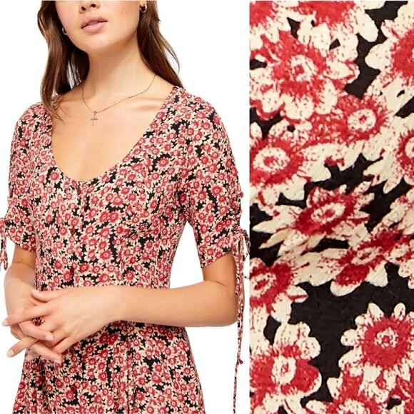 NWT Free People Lace Up Mini Dress Black Red Floral Size Small‎ Revolve Bohemian - Picture 4 of 13